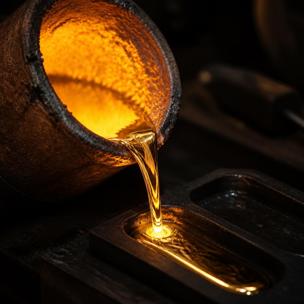 Oro fundido vertiéndose en un molde artesanal