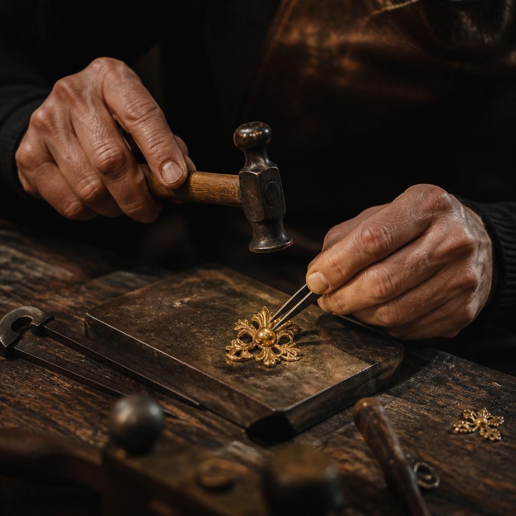 Maestro orfebre trabajando una pieza de oro a mano