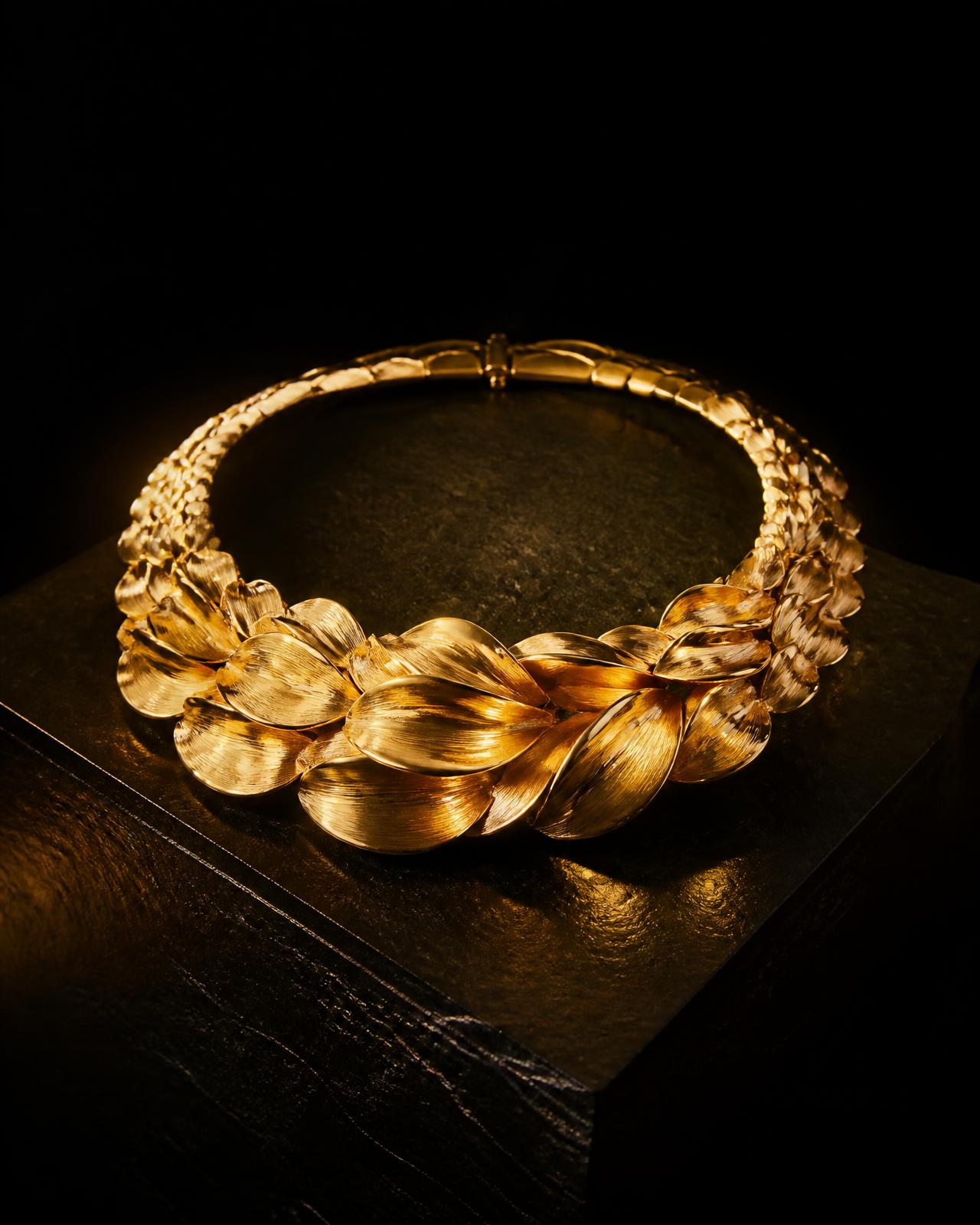Collar escultórico de oro de 18 quilates iluminado sobre un pedestal de obsidiana