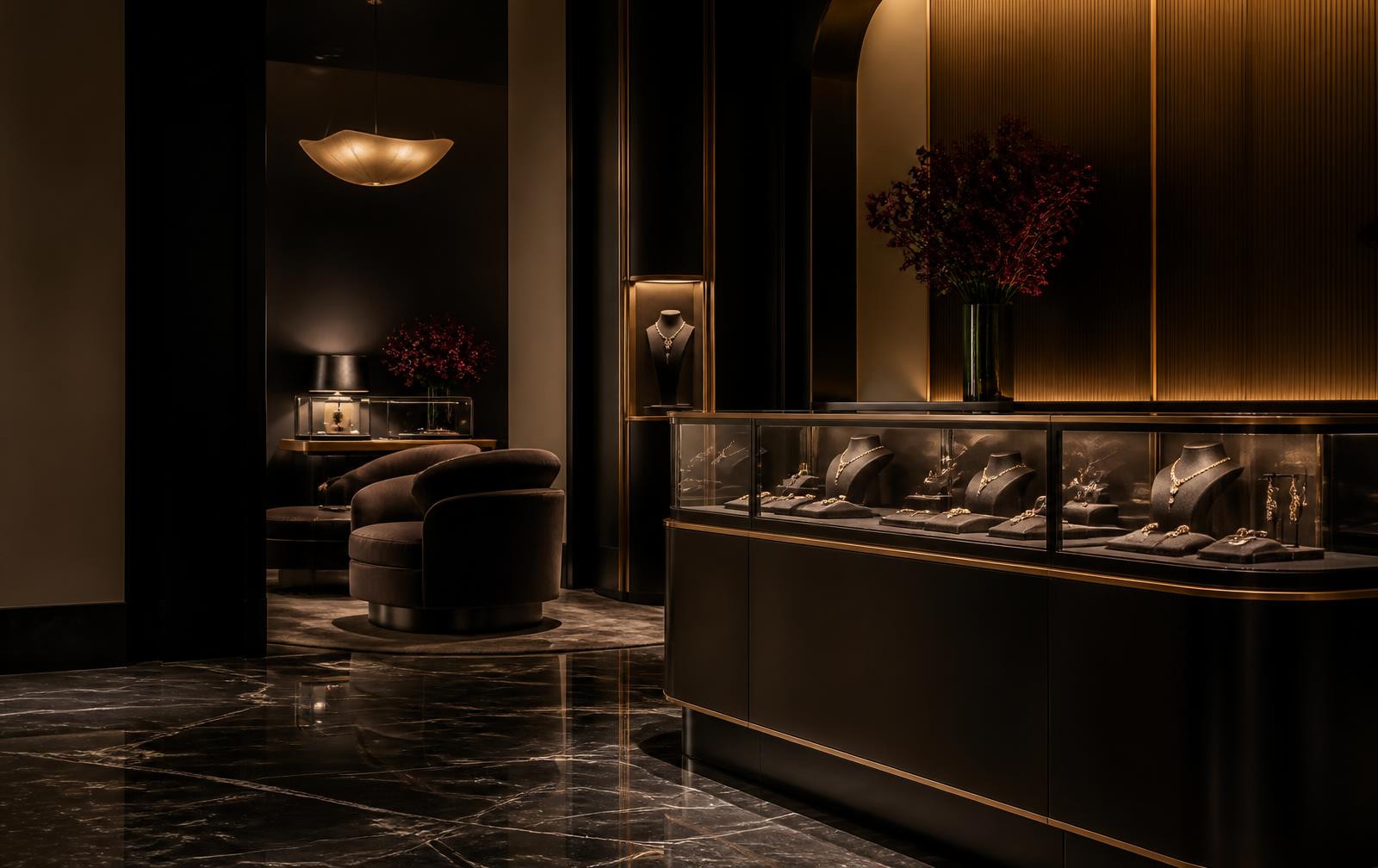 Interior del salón privado de Reino de Oro con vitrinas de latón y luz cálida